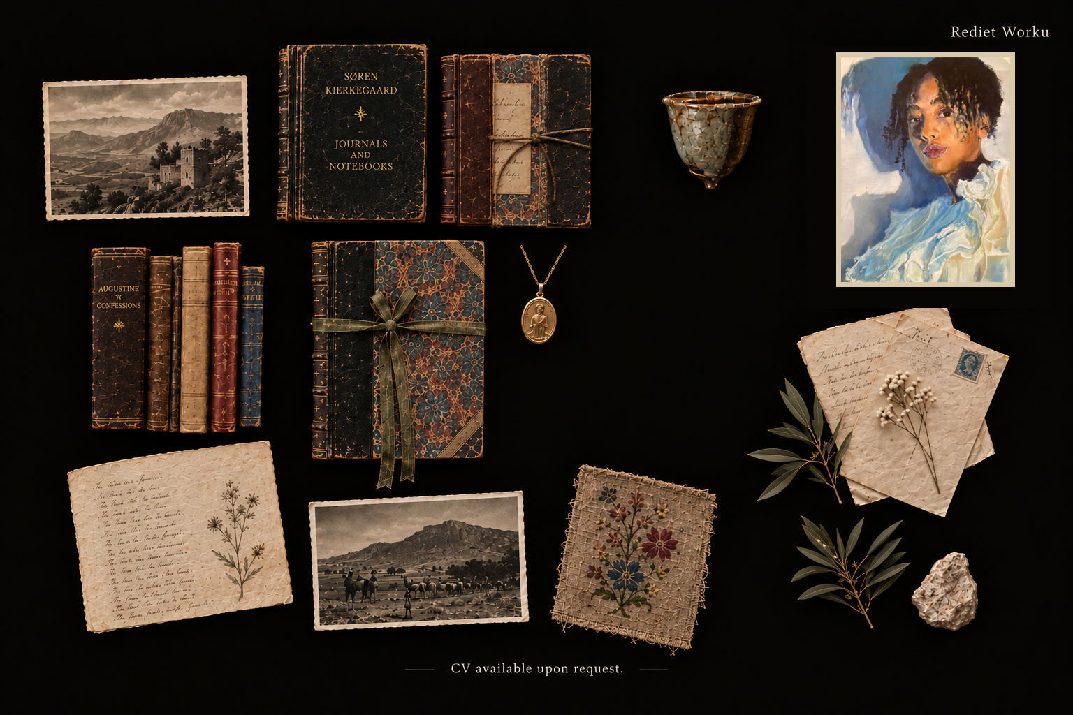 A literary collage with antique books and journals, Ethiopian landscapes, correspondence, botanical objects, and a portrait painting